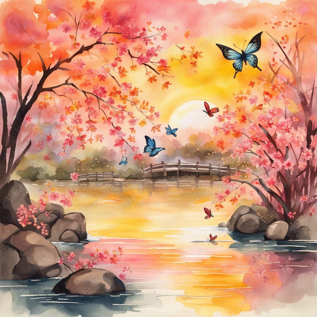 Butterflies Over Japanese Garden in Gouache Style