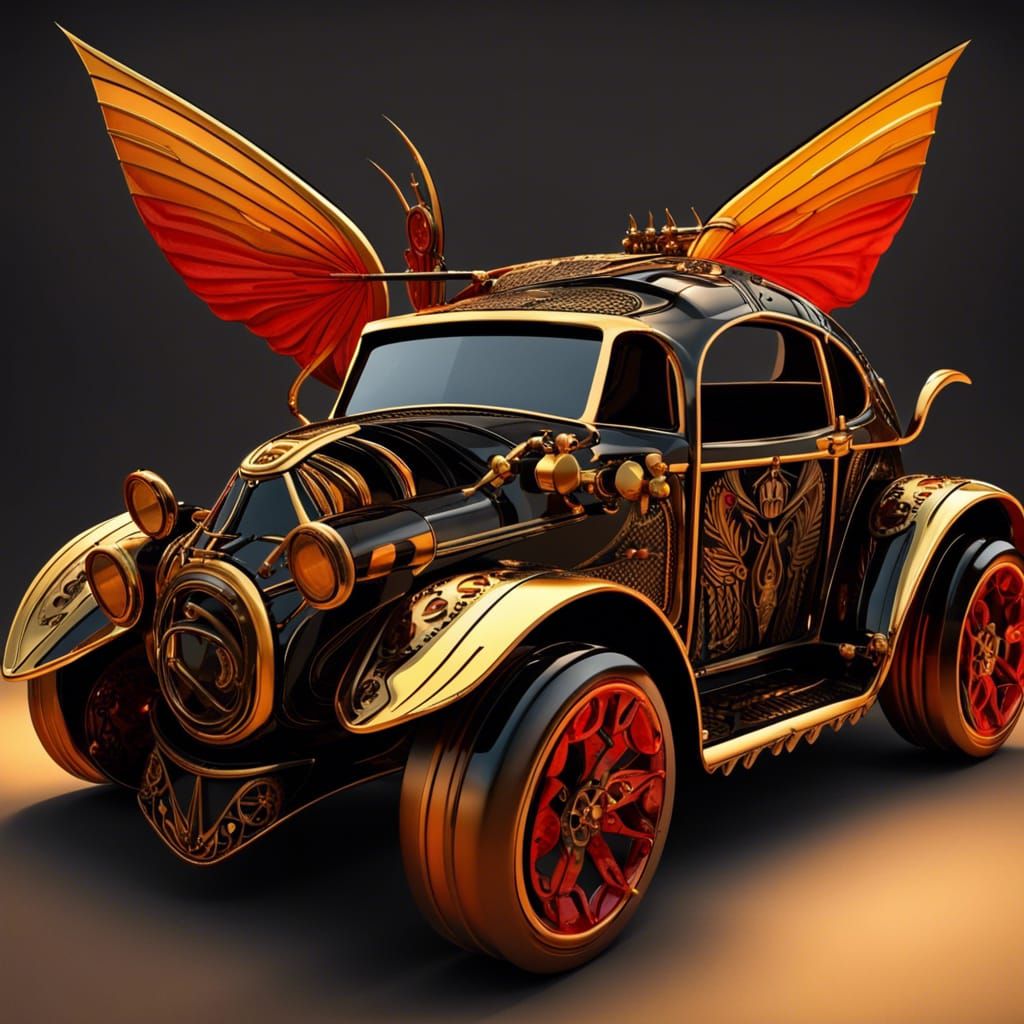 A pharaonic car with strong steel wings, in the style of Leonardo da Vinci, Tinker Bell, a little bit of Batman's car wi...