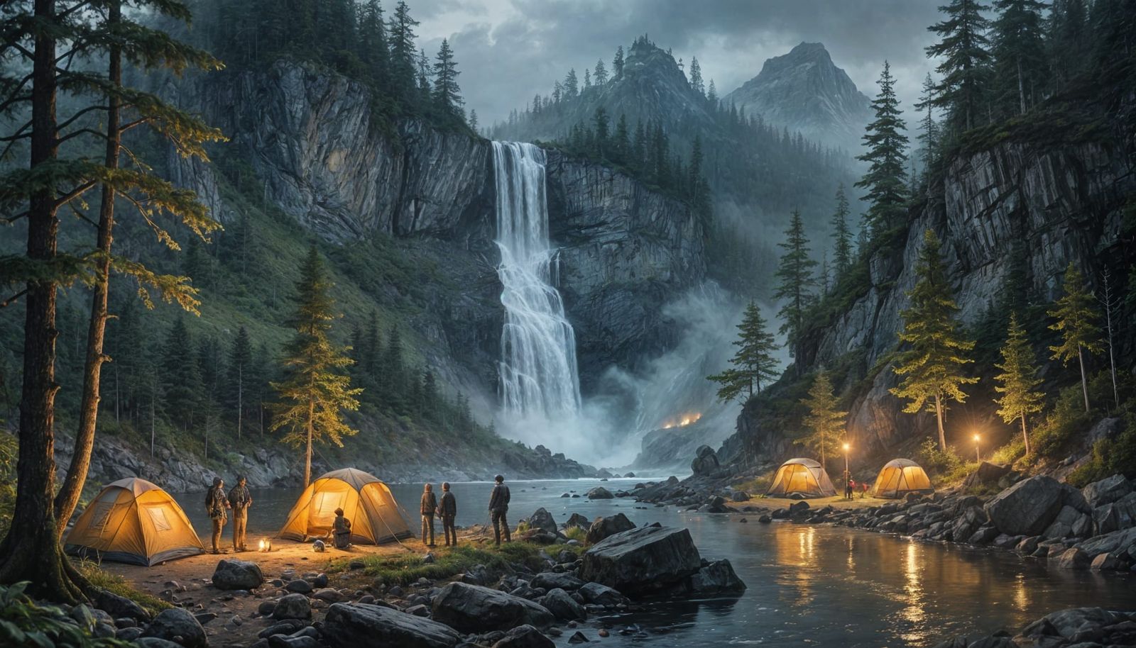 Eerie Campsite at Waterfall in Dark Fantasy Style