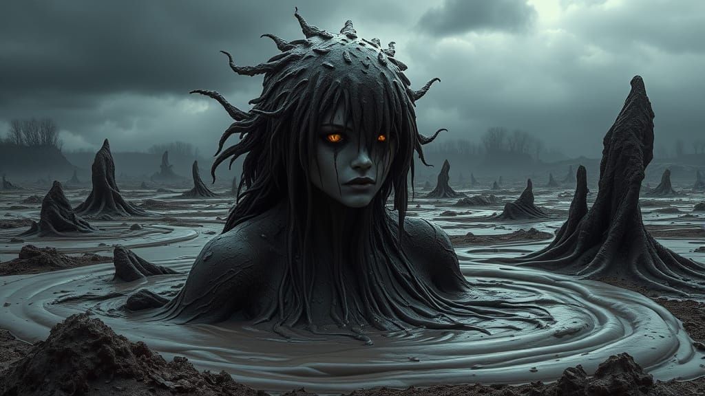 Dark Fantasy Mud Goddess Erupts from Molten Earth