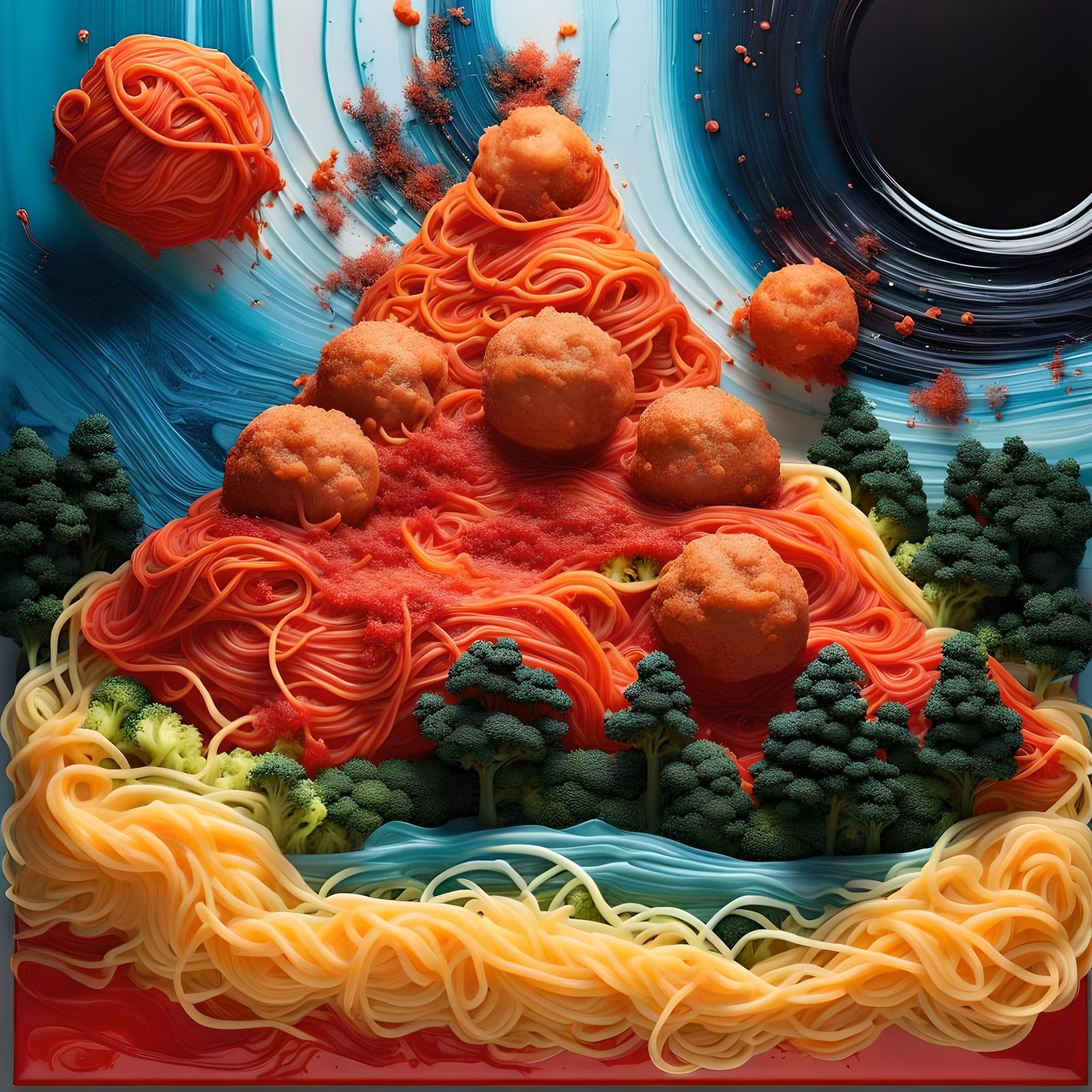 Surreal Spaghetti Landscape with Broccoli Trees