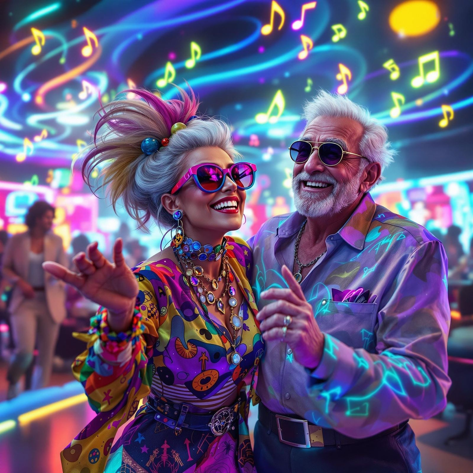 Elderly Couple Dancing in a Futuristic Holographic Dance Caf...