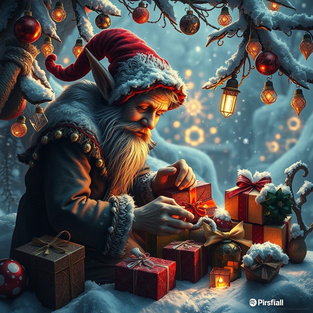 Festive Elf Prepares Vibrant Gifts in Winter Wonderland