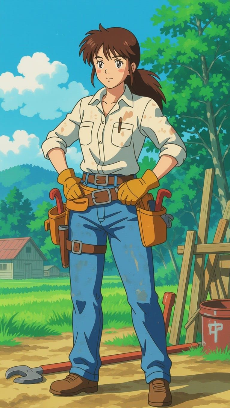Anime Woman Working Blue Collar Job, Ghibli Style