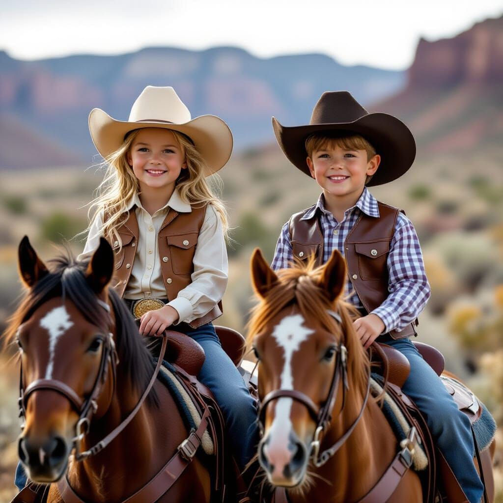 Cowboy Kids Riding Horses in Western Landscape