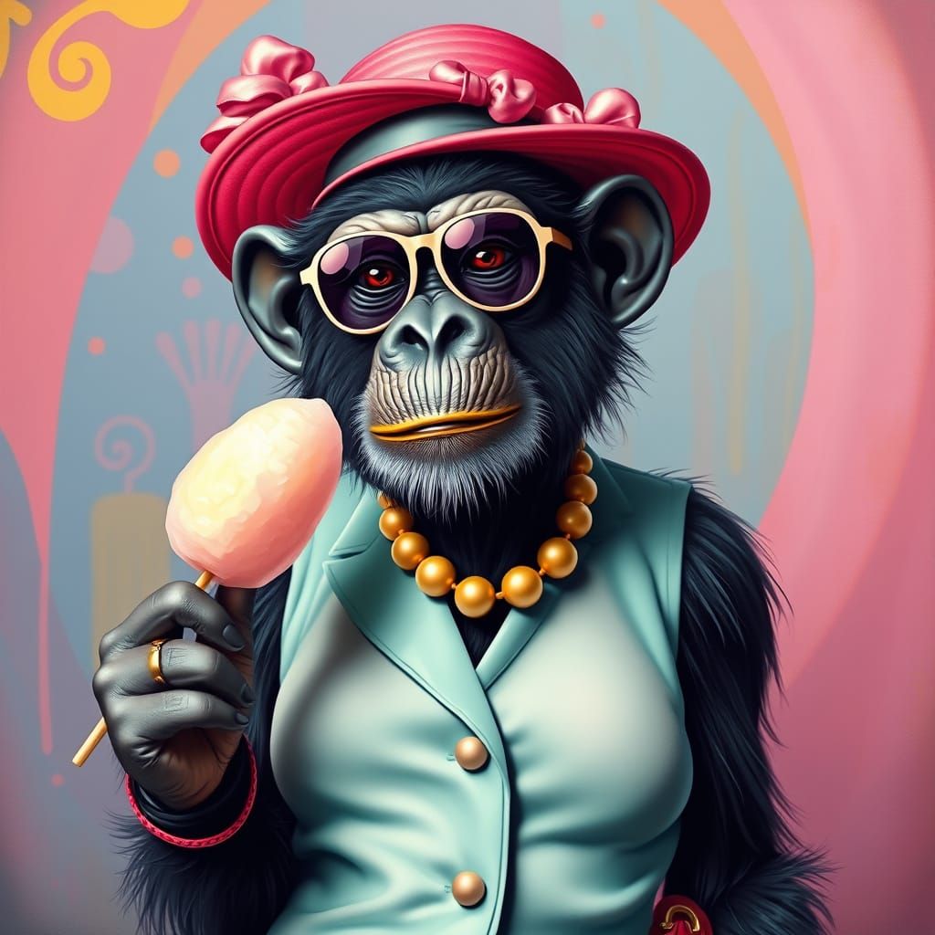 Elegant Chimpanzee Lady Enjoys Colorful Cotton Candy Treat