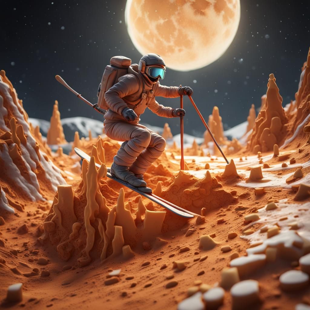 Clay Model Skier on Cheese Moon, Detailed Matte Painting