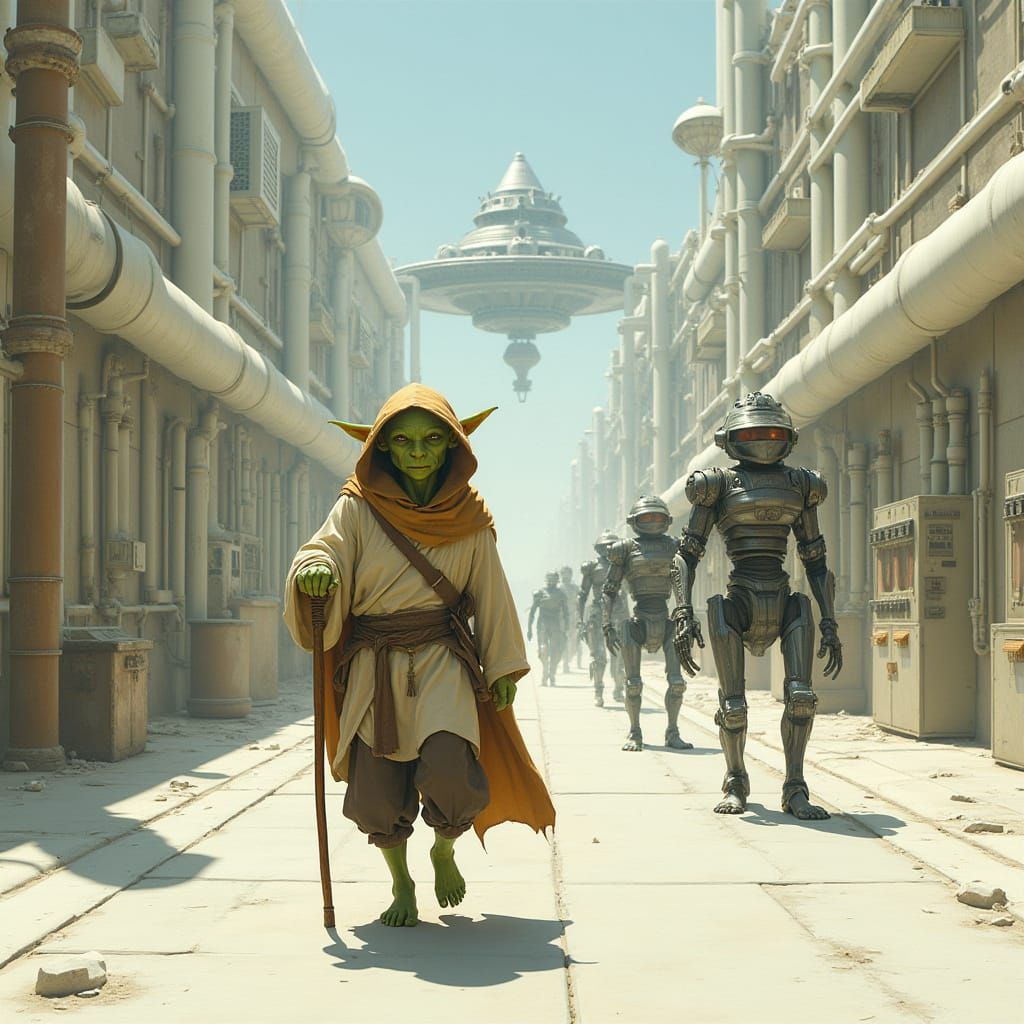 Ancient Green Humanoid Strolls Through Futuristic Cityscape