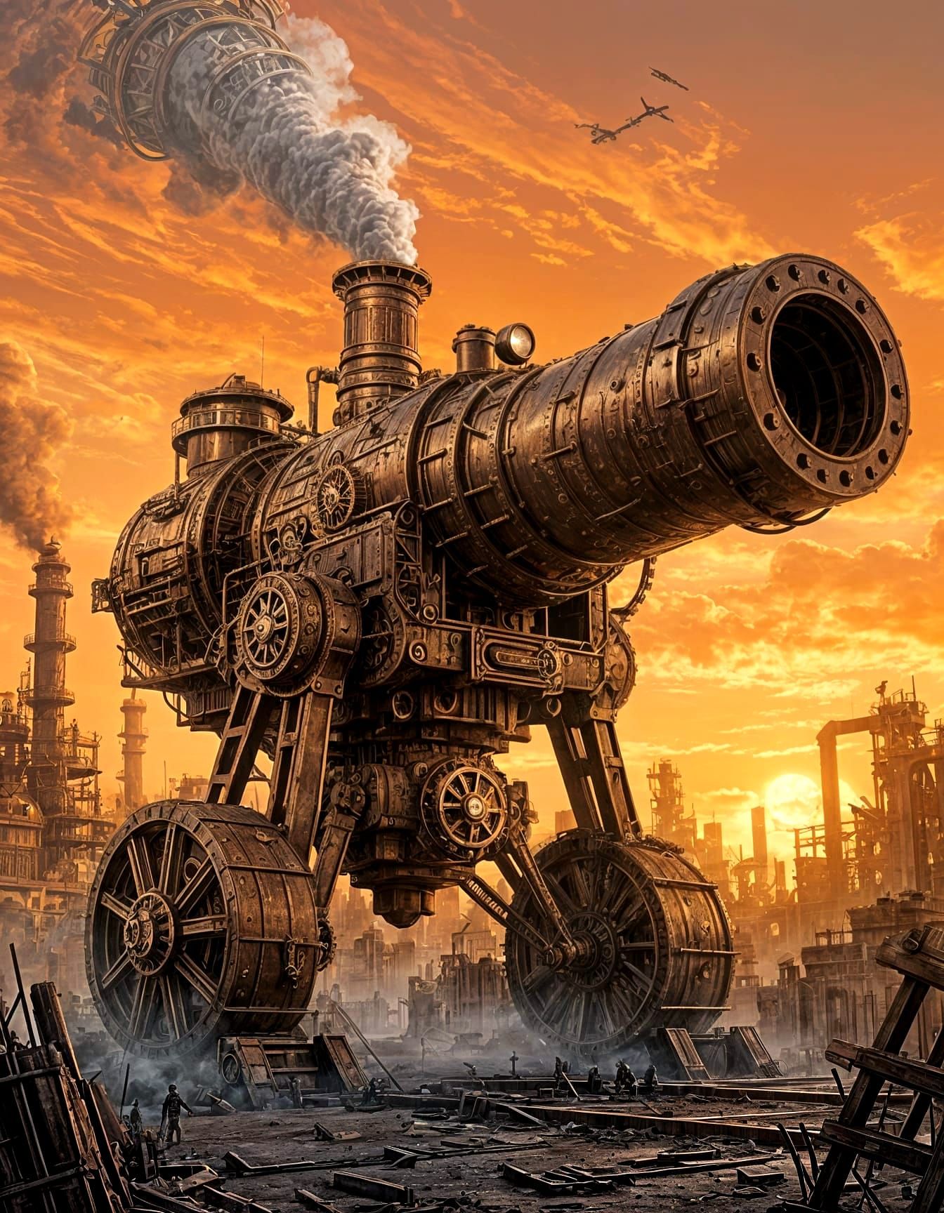 Massive Rusted Steampunk War Machine in Industrial City