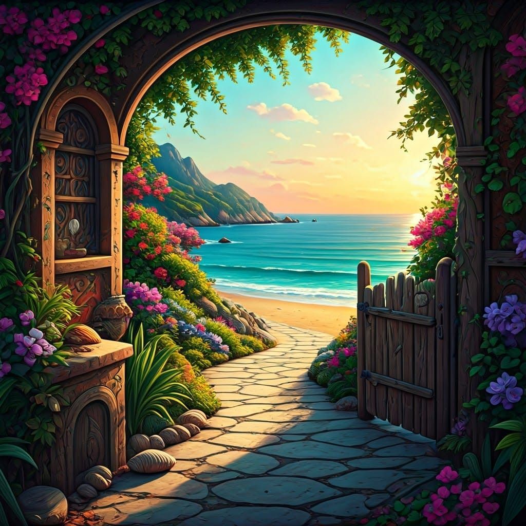 Cosmic Coastal Oasis in Vibrant, Dreamlike Style