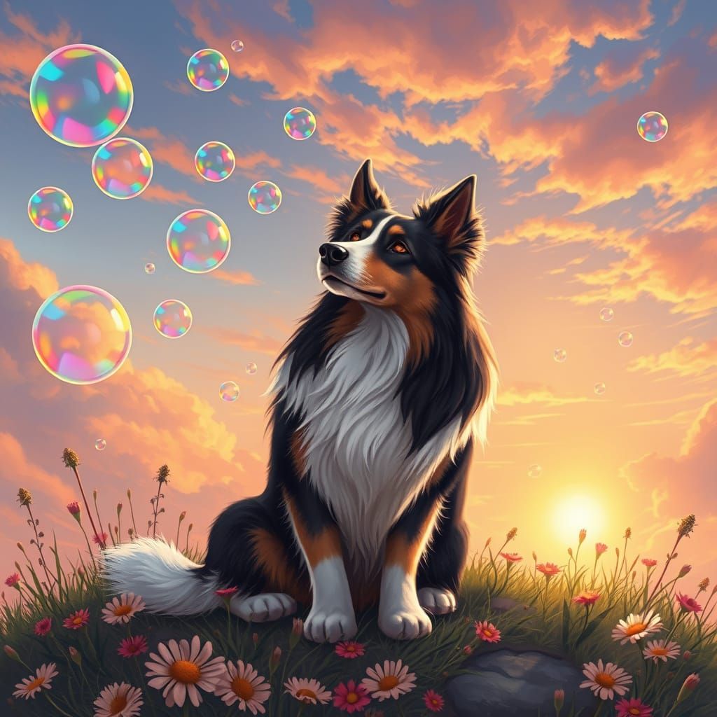 Collie Dog Gazing at Soap Bubbles in Painterly Style