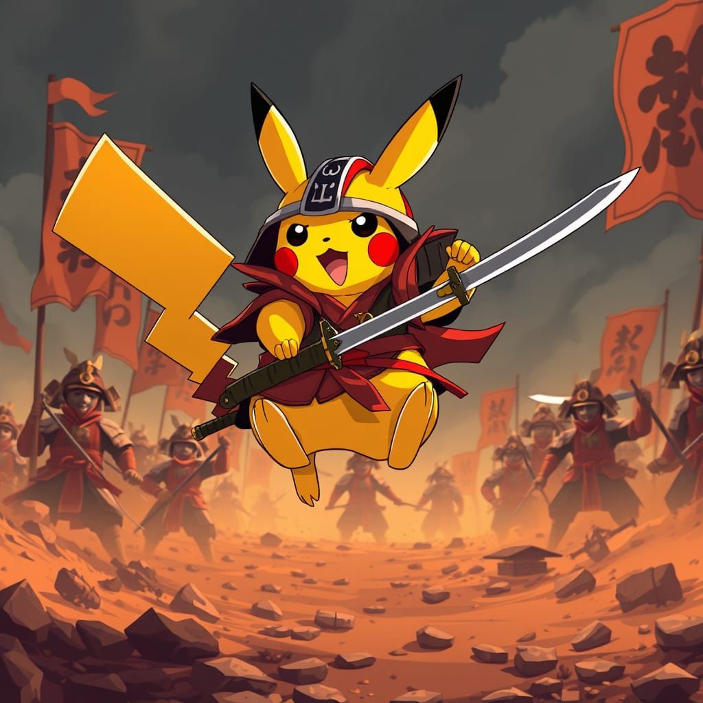 Pikachu Samurai Warrior Soars Through Ancient Battle