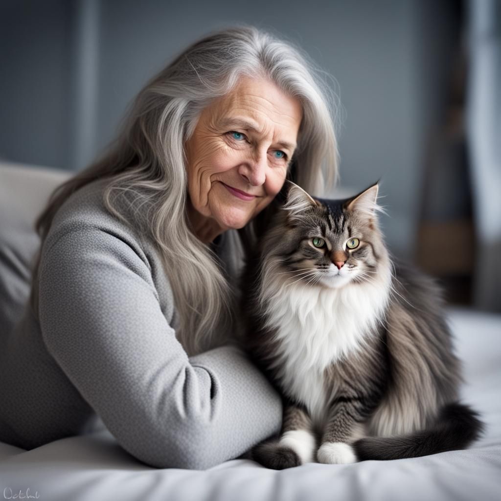 Dame Holda with Grey Norwegian Forest Cat