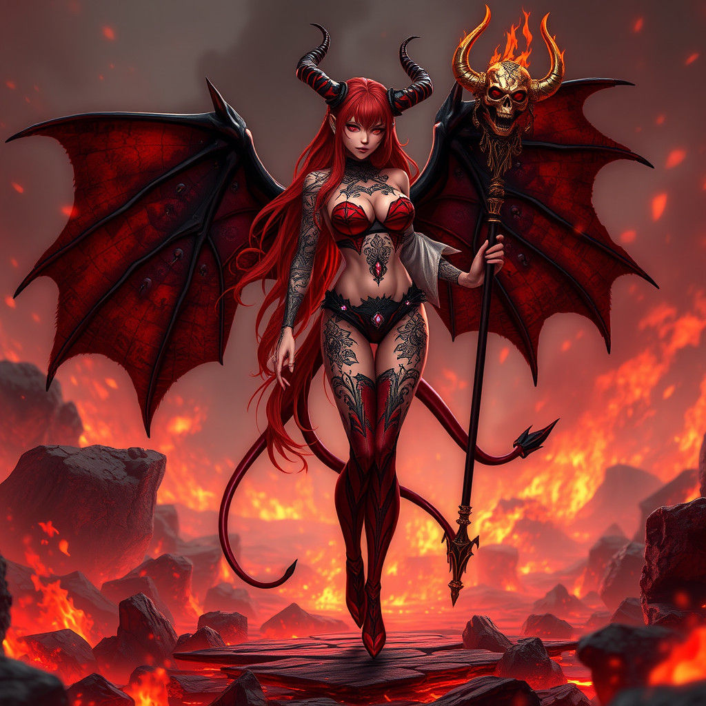 Demonic Woman in Hell with Skull Staff, Anime Art