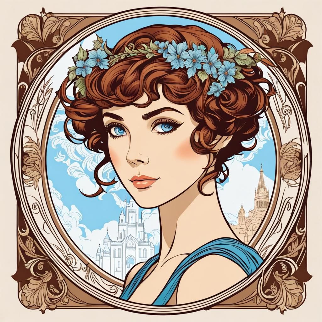 Cute Woman in Mucha Style with Pixie Cut