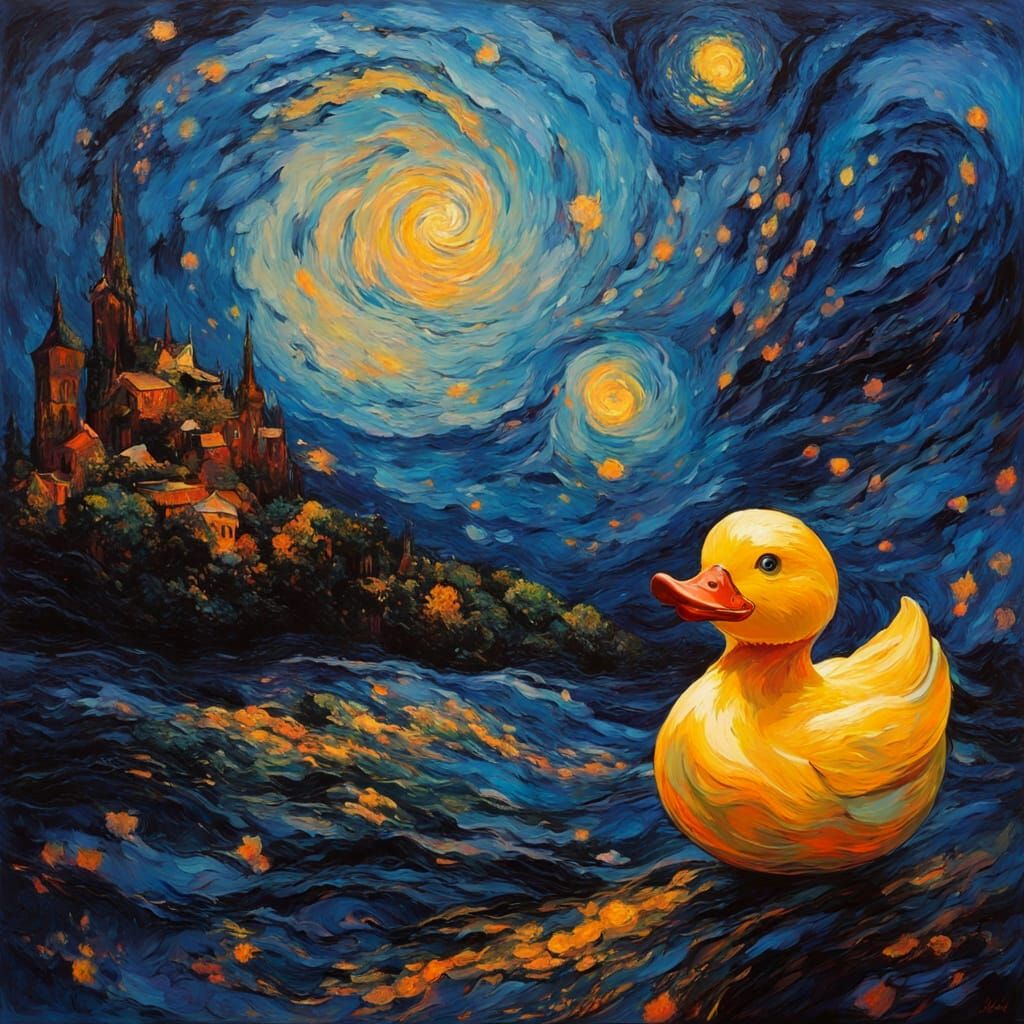 Whimsical Night Sky Rubber Duck in Thick, Textured Brushstro...