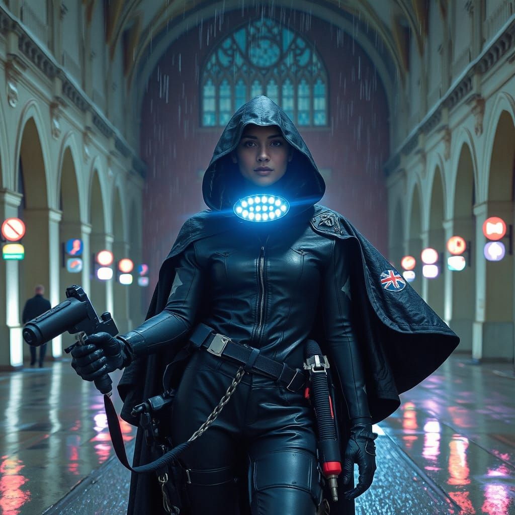 Futuristic Warrior in Rain, Double Exposure Fusion