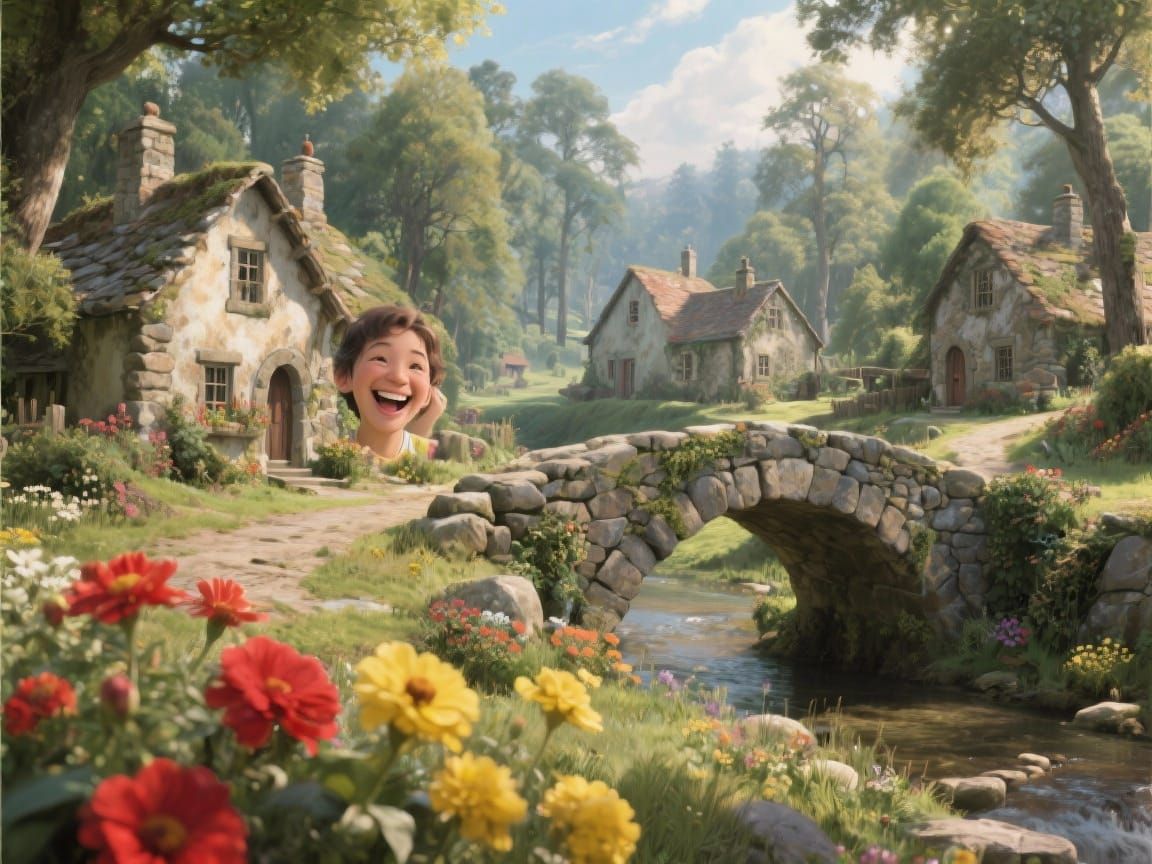 Intricate Rural Village with Stone Bridge and Cottages