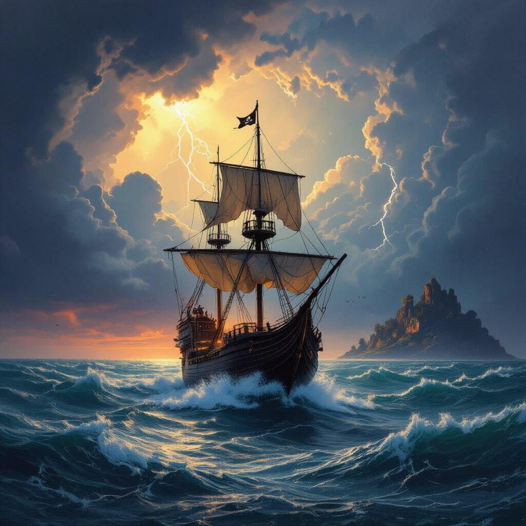 Pirate Ship Battles Storm, Island Glows Mysteriously