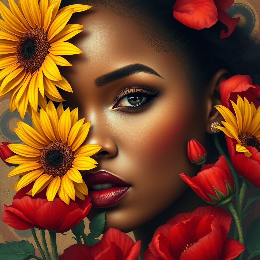 Elegant African Woman Surrounded by Vibrant Sunflowers in a ...