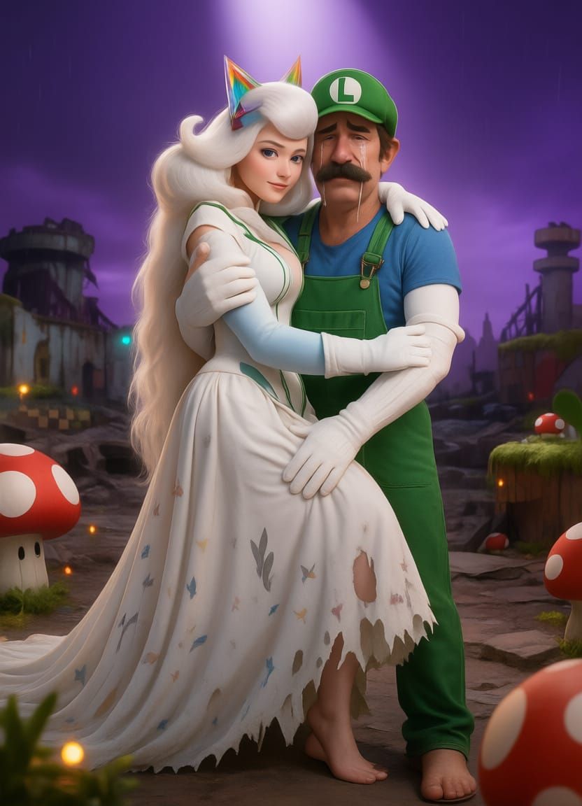 Pregnant Wife and Luigi in Ruined Mushroom Kingdom