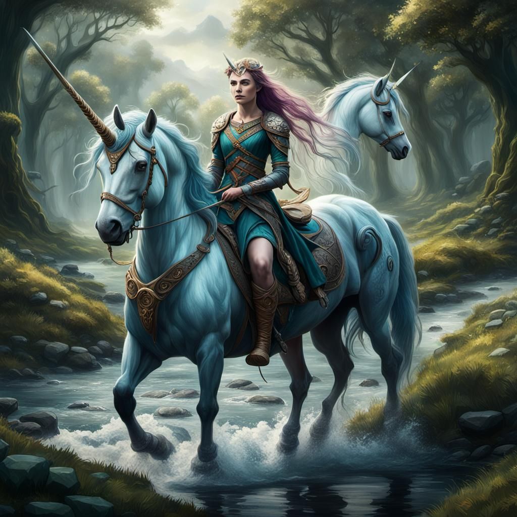 Celtic Unicorn and Lass by Stream, Detailed Painting