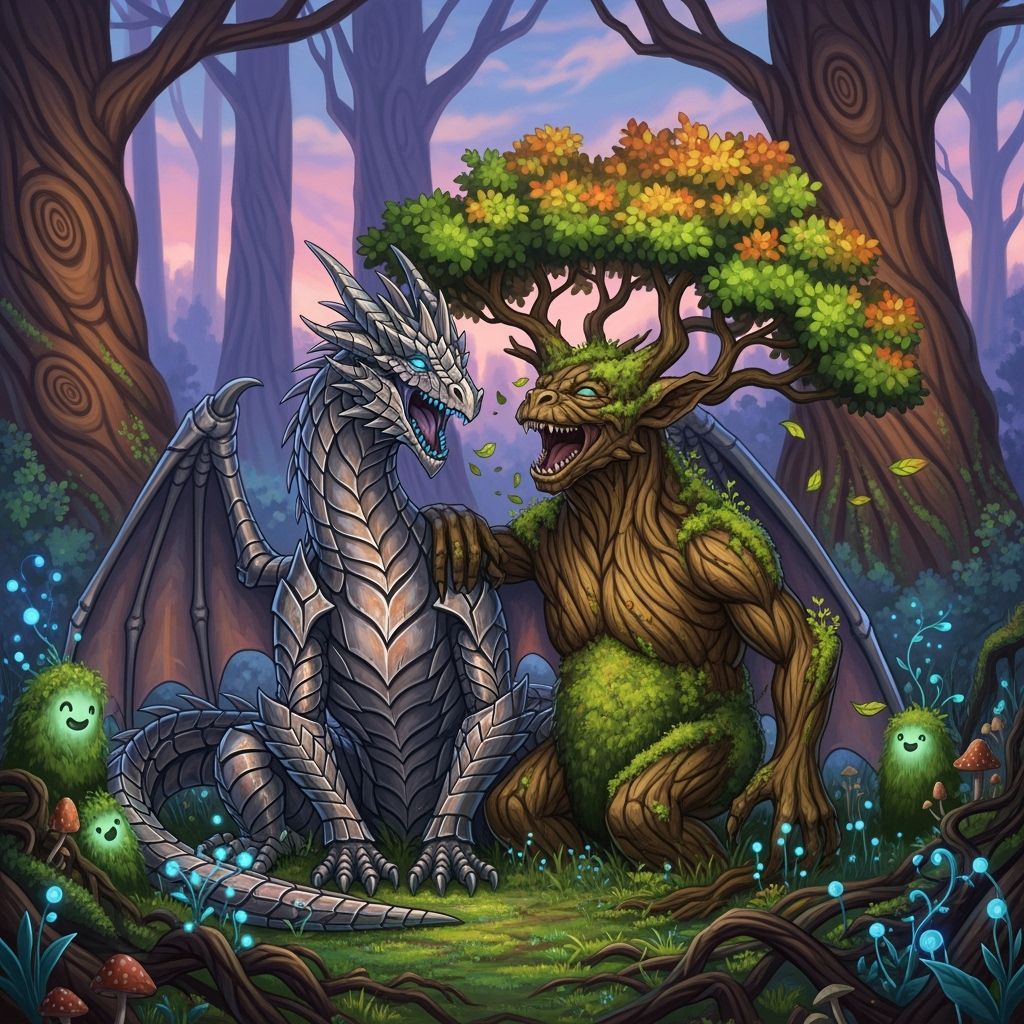 Steel Dragon & Treant Laughing in Whimsical Forest