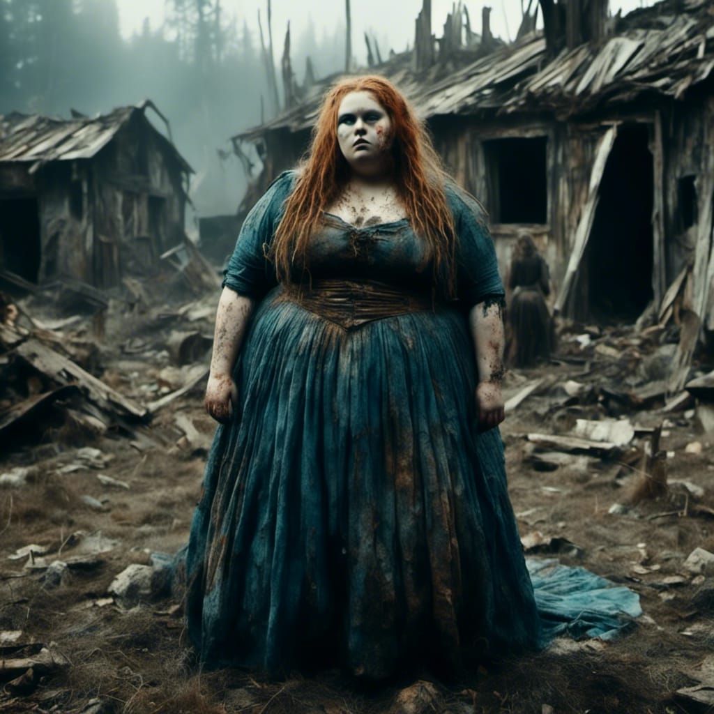 Gothic Scandinavian Woman in War-Torn Village