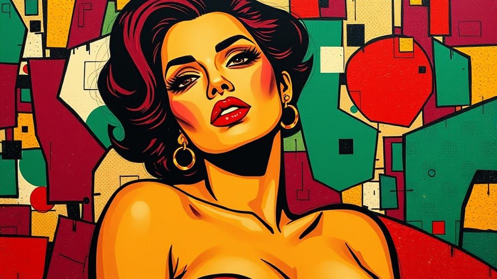 Expressionist Pop Art Portrait in Maroon Gold Green Split-To...