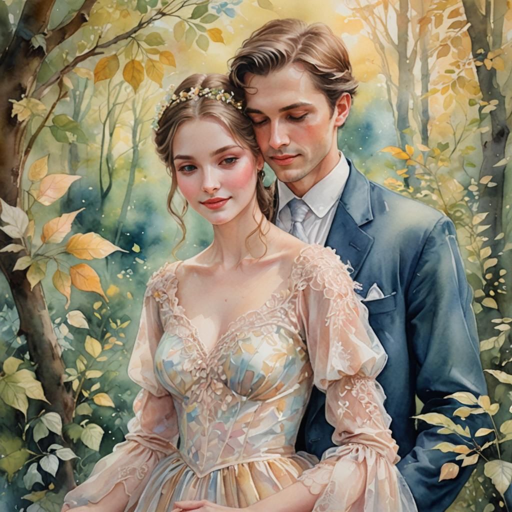 Romantic Watercolor Portrait: Maiden and Kind Sir