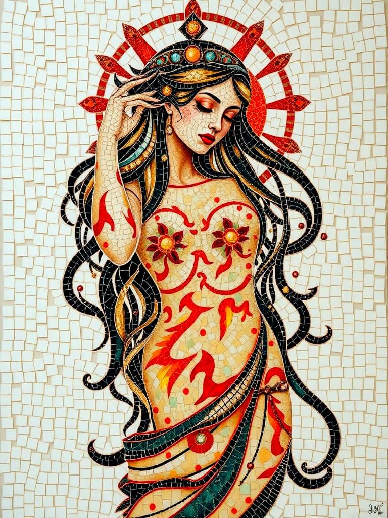Surreal Goddess of Desire in Vibrant Mosaic Art