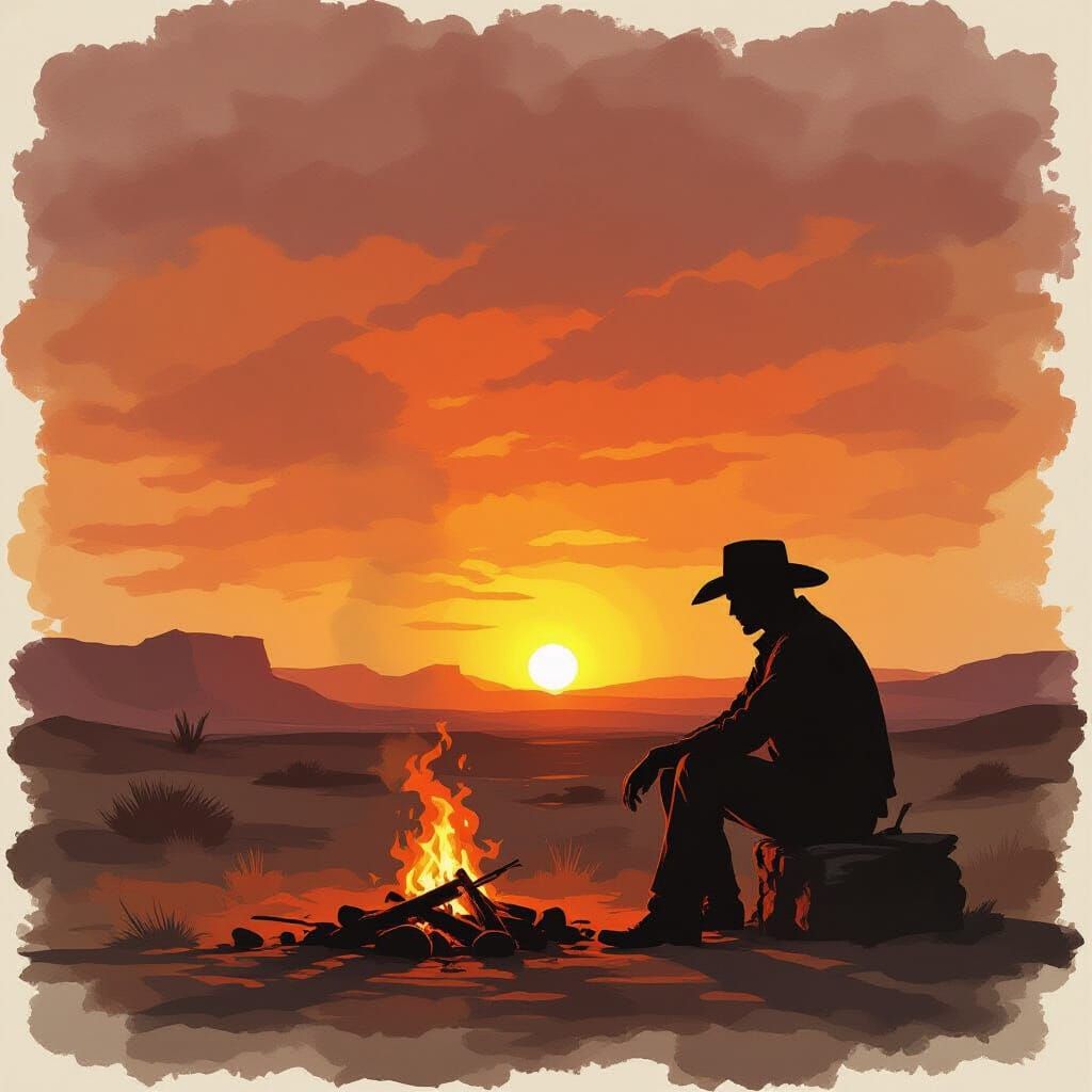 Lone Cowboy by Dying Campfire at Desert Sunset