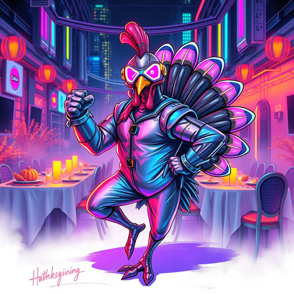 Futuristic Thanksgiving Turkey Superhero in Metallic Jumpsui...
