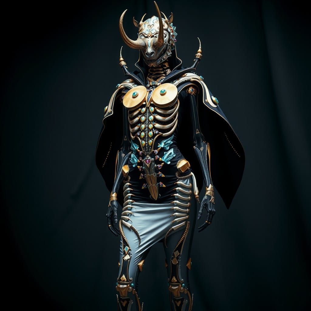 Glamorous Dark Fantasy: Futuristic Fashion Figure in Rhino B...