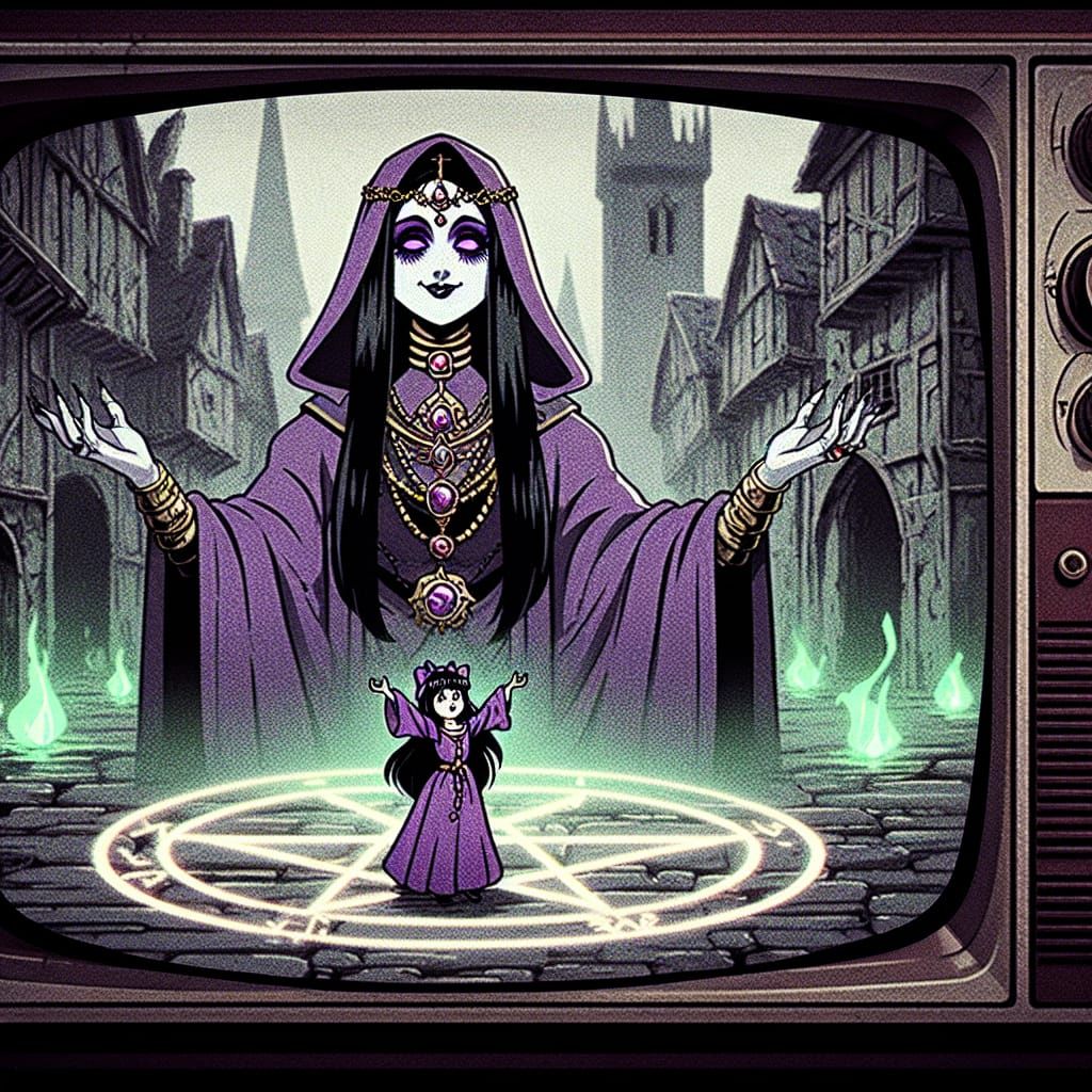 Vintage Cartoon Sorceress Radiates Calm in Painterly Style