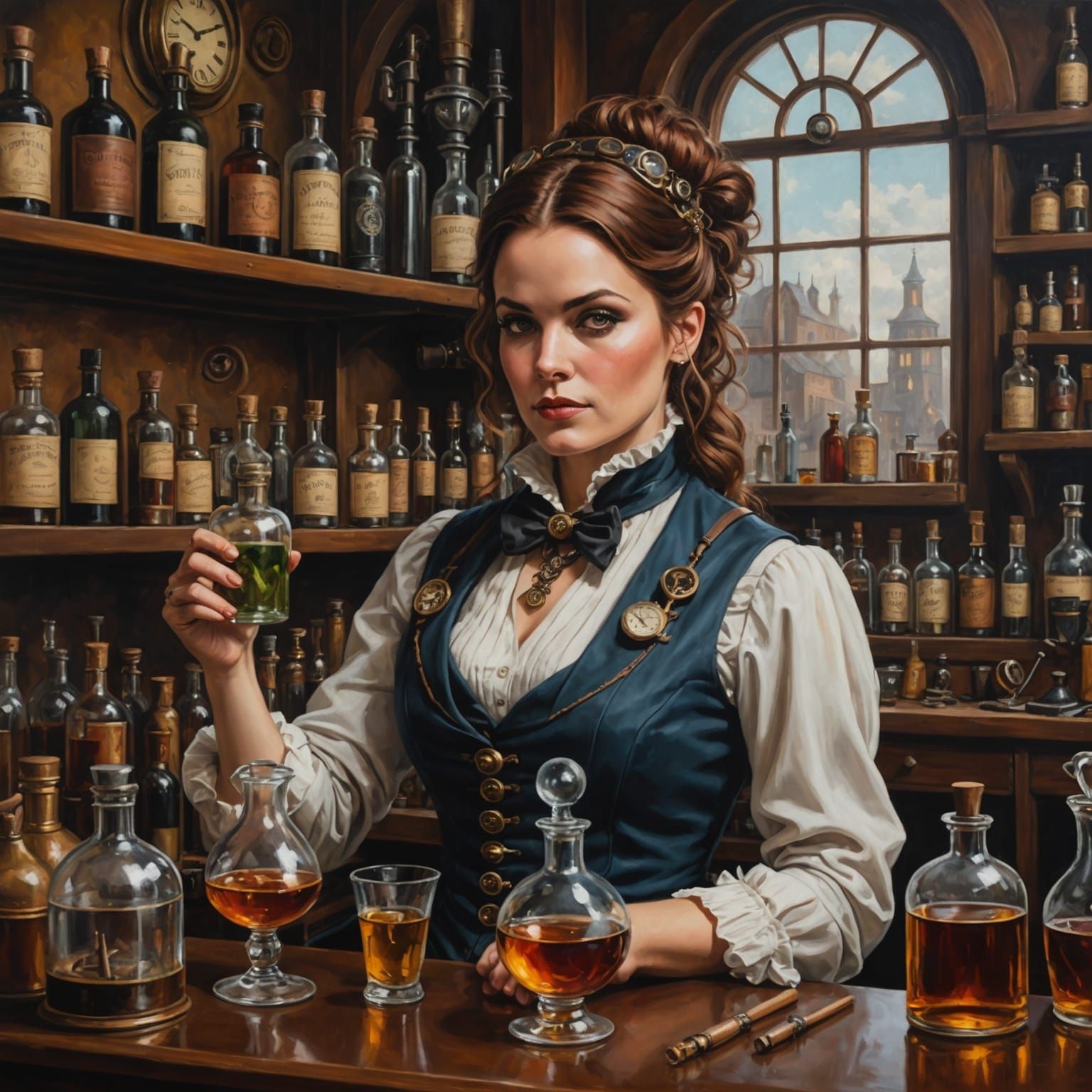 Steampunk Bartender Creates Potions as Matte Oil Painting