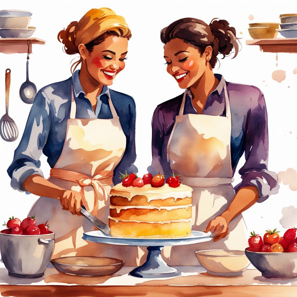 Lesbians Baking Cake in Watercolor Style