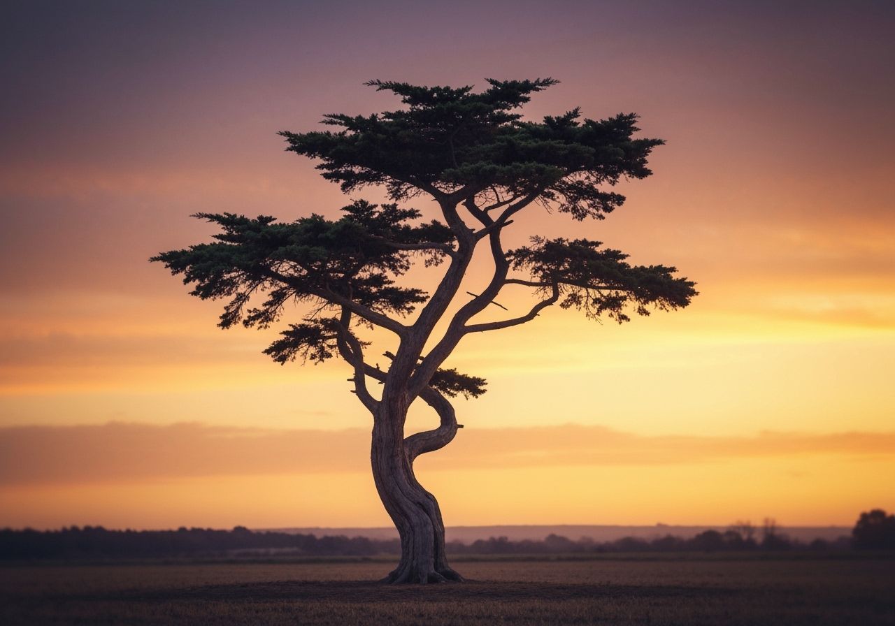 Lone Cypress Tree at Sunset in Atmospheric Style