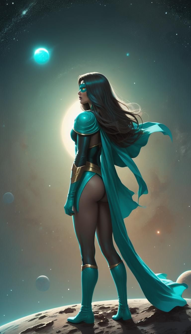 Turquoise Superheroine Observes Distant Planet