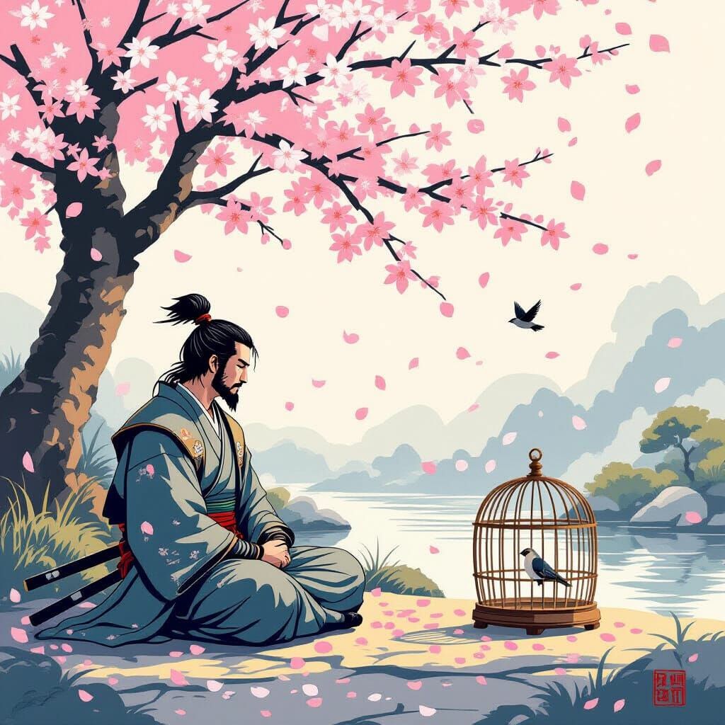 Samurai Meditating Under Cherry Blossoms with Birdcage