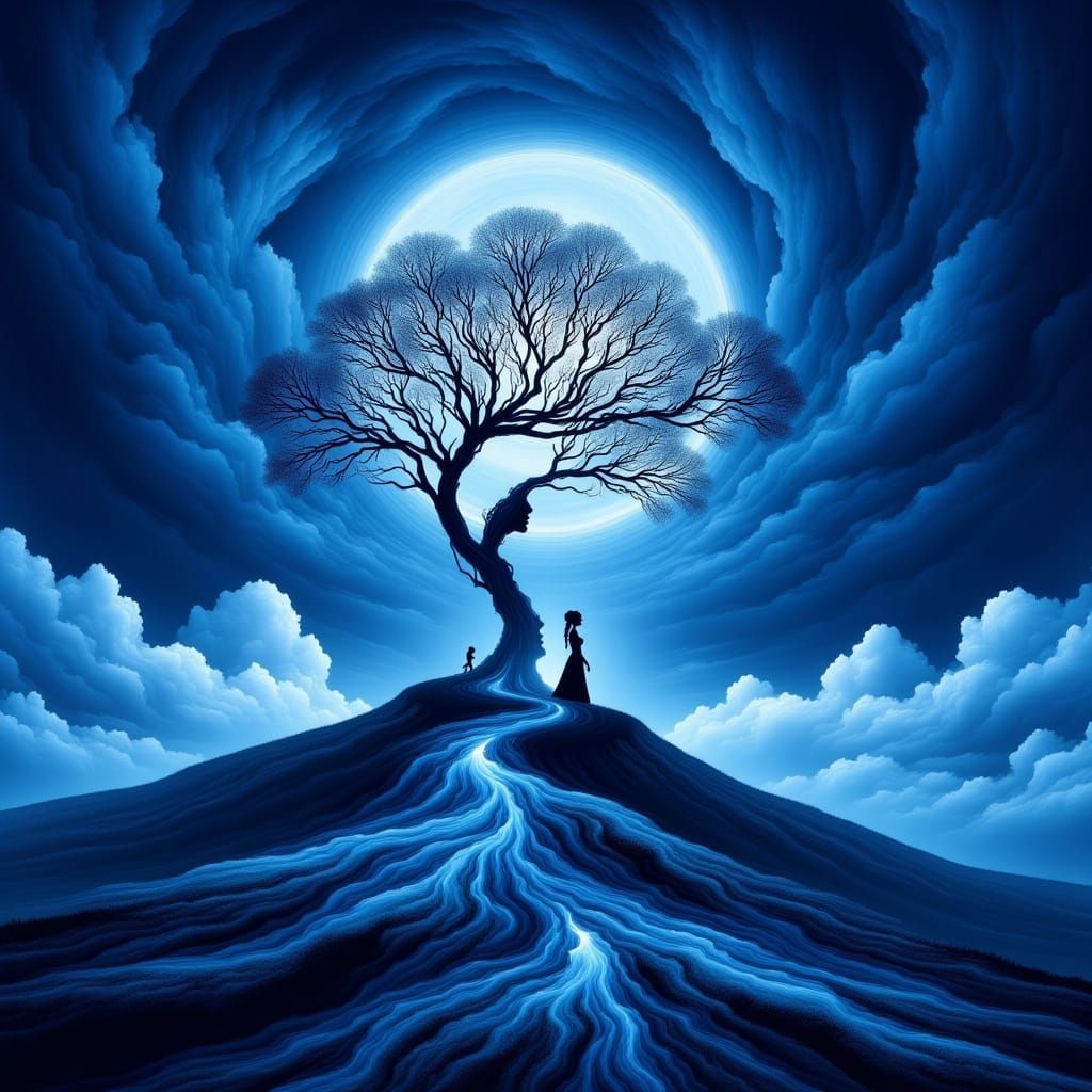 Surrealist Woman Tree in Blue Dreamscape