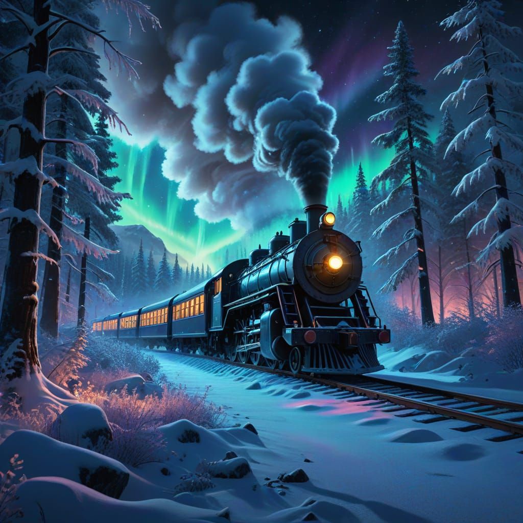 Polar Express Train Under Aurora Borealis in Winter Forest