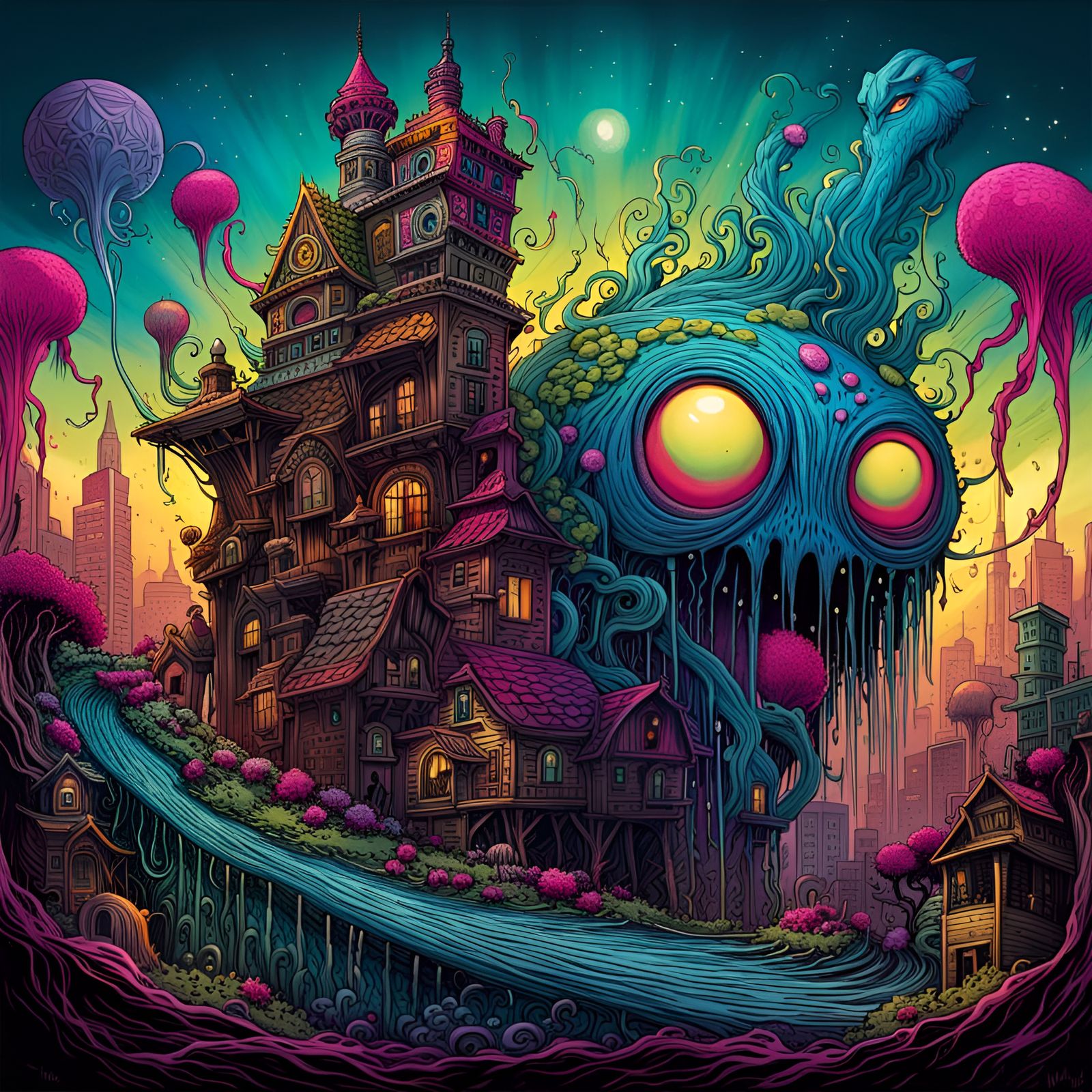 Psychedelic Monster in Surreal Cityscape