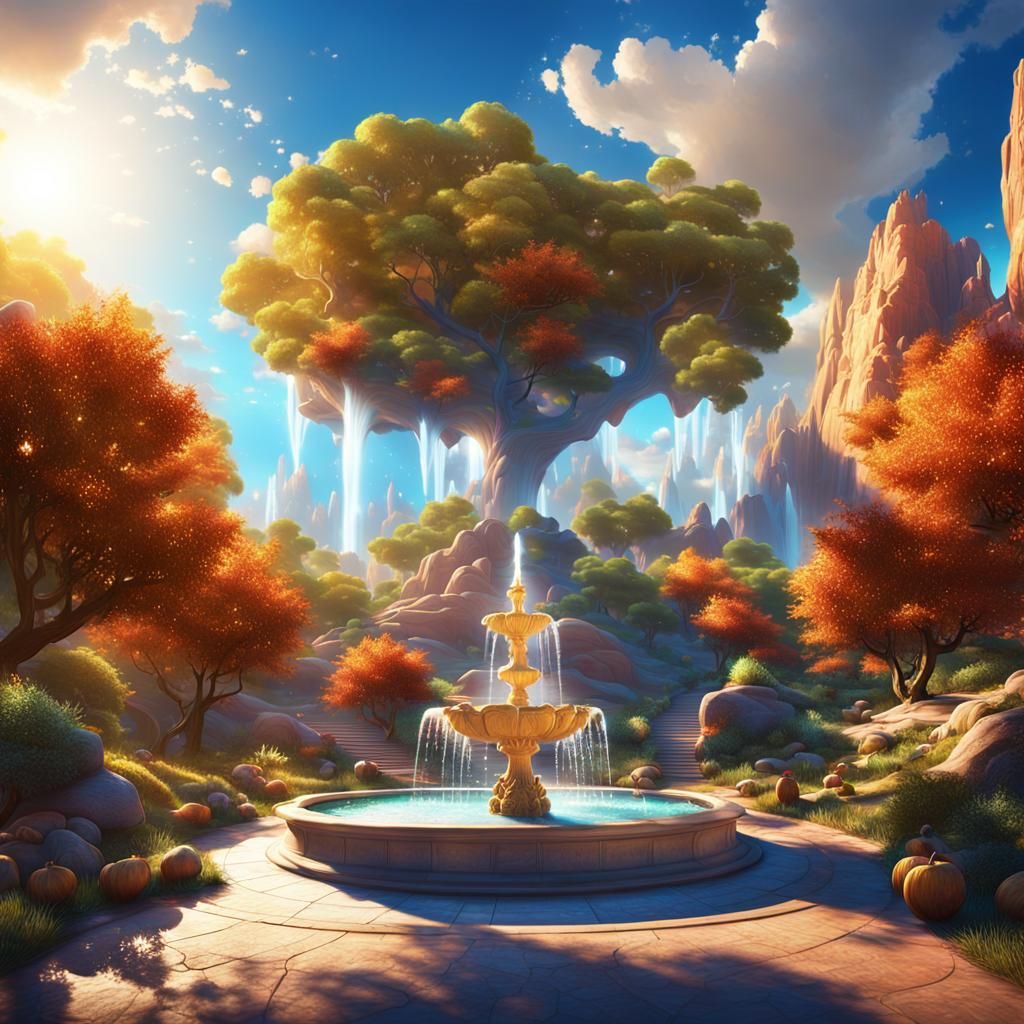 Lush Garden of the Gods with Golden Fountain