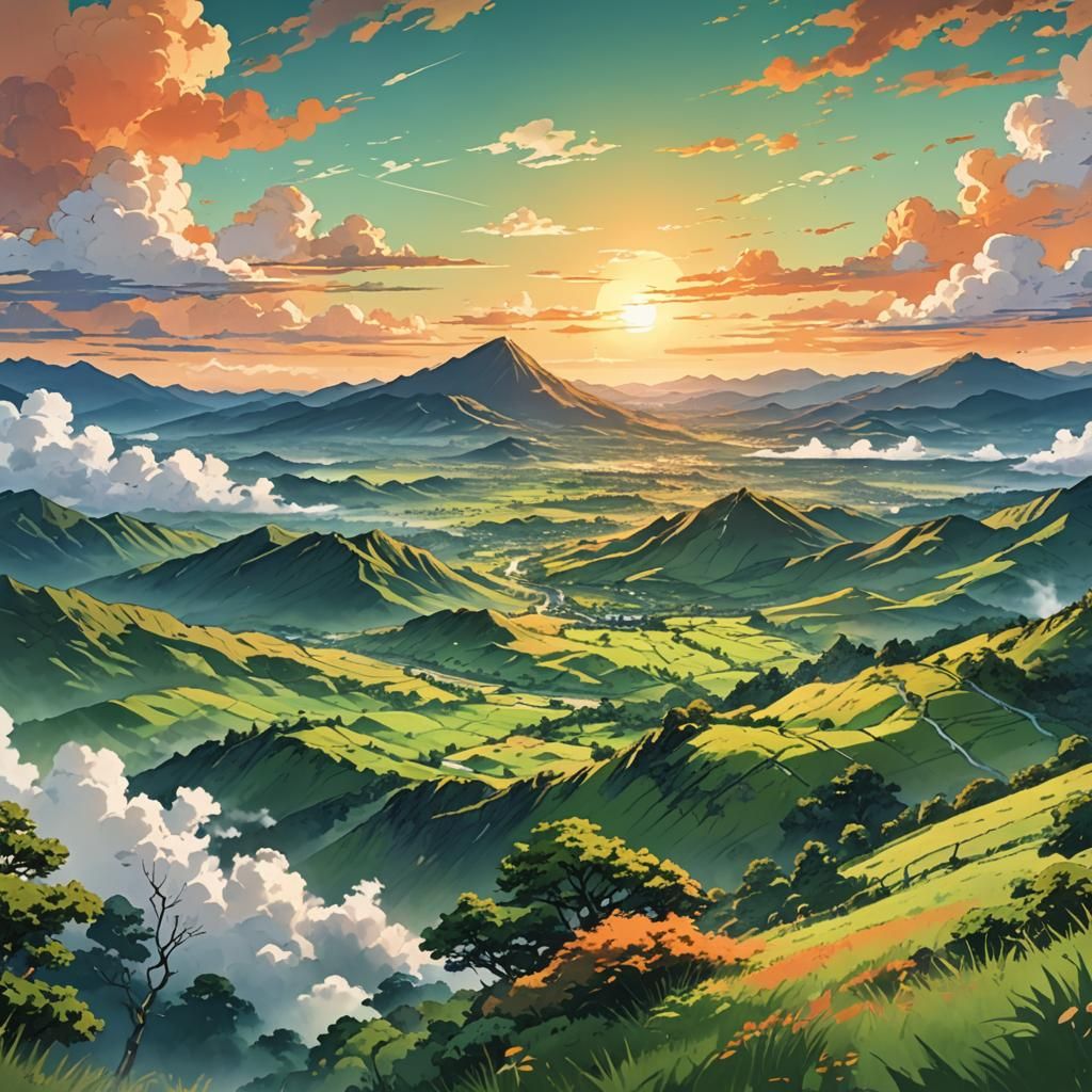 Vibrant Anime Landscape with Orange Sunset Sky