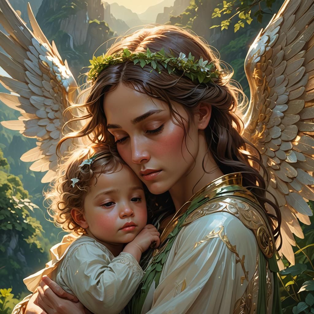 Angel Carrying Child: Hyperdetailed Digital Art