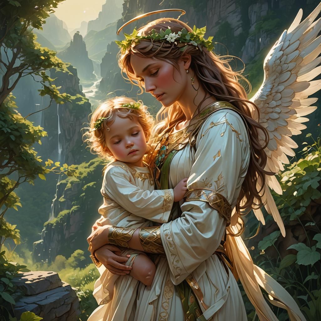 Angel Protecting Sleeping Child: Detailed Portrait
