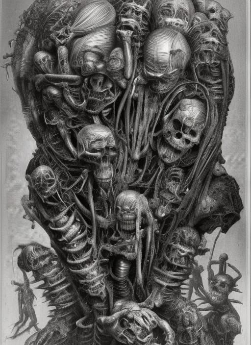 Cybernetic Abominations in Dark Copper Engraving Style