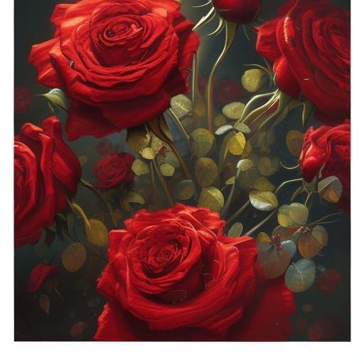 Elaborate Bouquet of Crimson Roses: Dark Fantasy Art