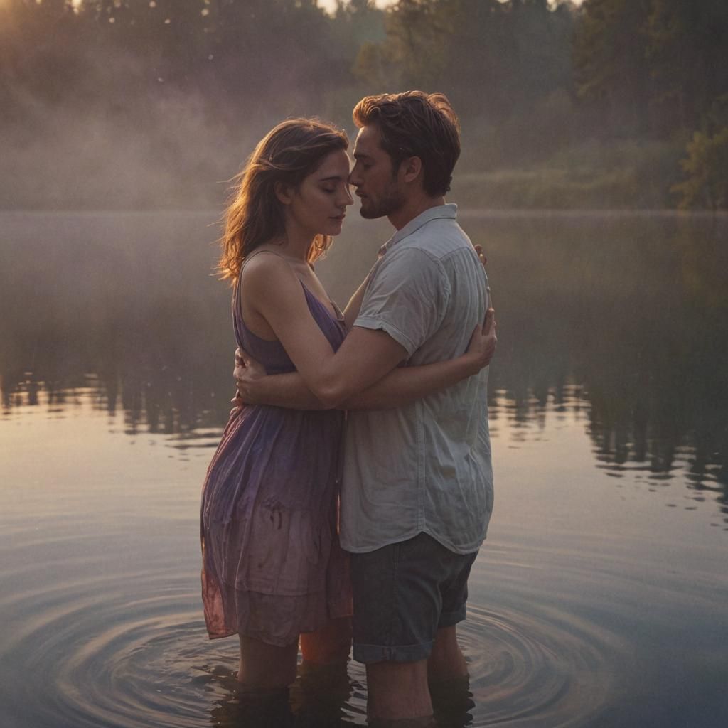Romantic Sunset Embrace by a Serene Lake